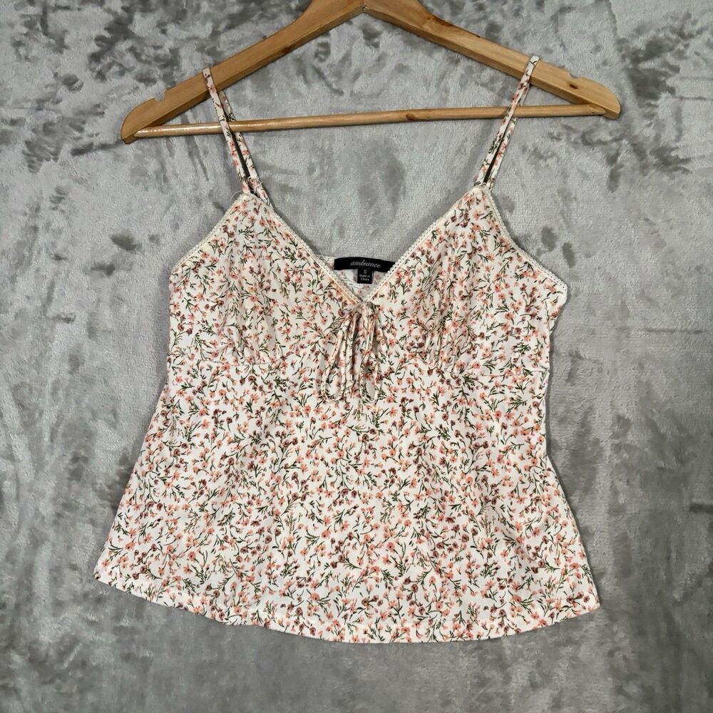 Ambiance Women Floral Camisole Top White Dainty Lace Trim Size S Y2K Tie Front
